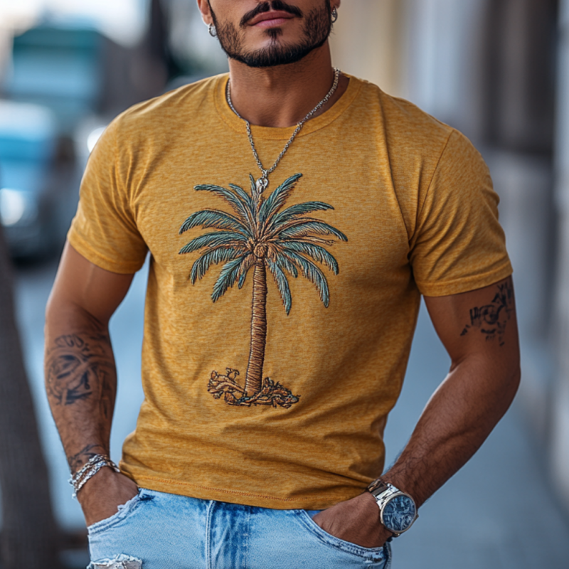 Men's Casual Cotton Coconut Tree Embroidery Round Neck Slim Fit Short Sleeve T-Shirt 9918990123192