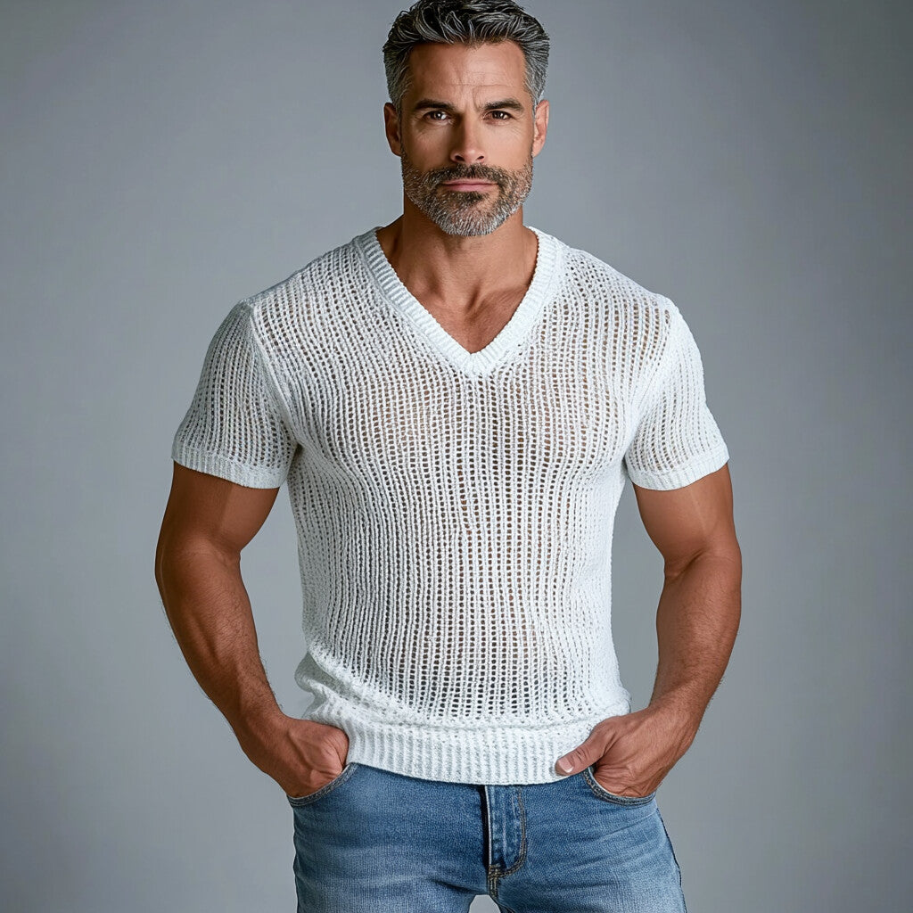Men's Knitted Hollow Out V Neck Short Sleeve T-Shirt 9899606245560