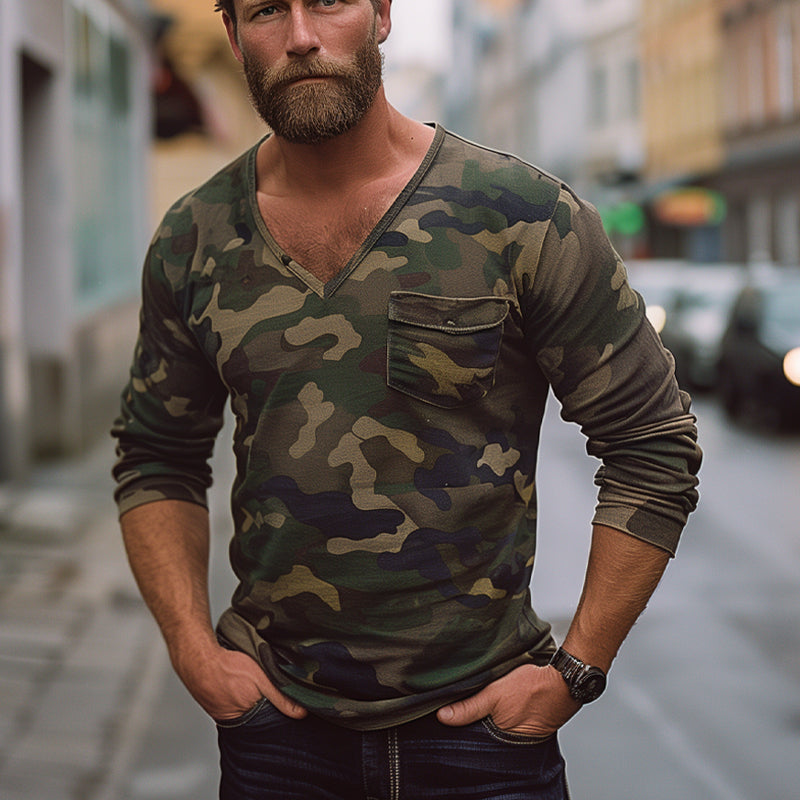 Men's Vintage Camouflage Pocket V-Neck Long Sleeve T-Shirt 9894194774200