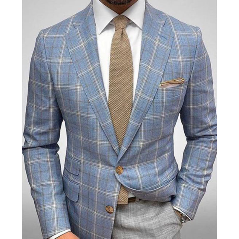 Business Plaid Lapel Collar Two Buttons Long Sleeve Blazer 9888555925688
