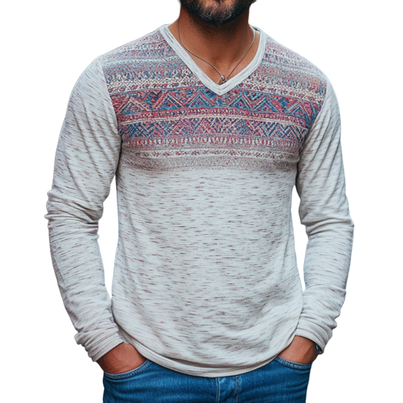 Men's Vintage Casual Cotton Blended Digital Printed V-Neck Long Sleeve T-Shirt 9911546871992