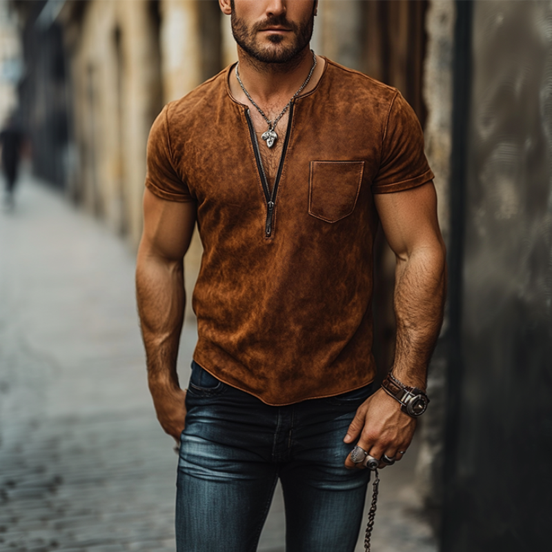Men's Classic Casual Western Style V-Neck Slim Suede T-Shirt 9903258632376