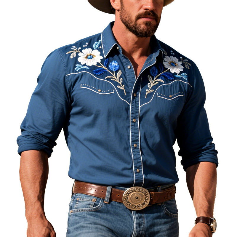 Men's Floral Embroidery Long Sleeve Denim Western Shirt 250800525
