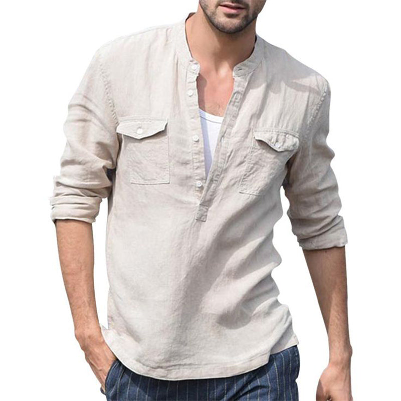 Men's Casual Cotton and Linen Button Collar Solid Color Long Sleeve T-Shirt 9892385882296