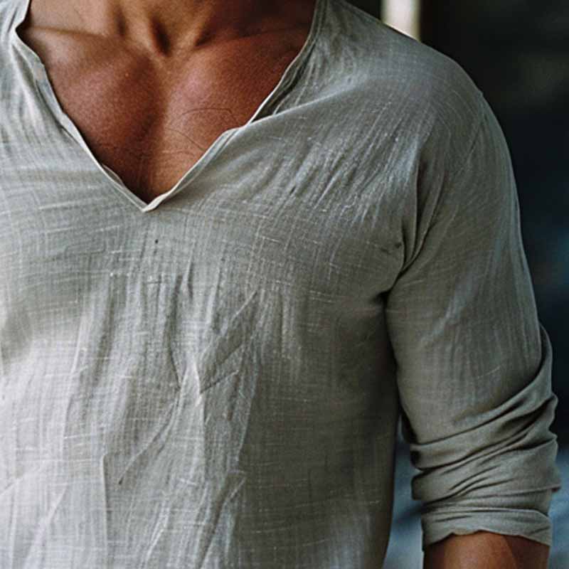 Men's Vintage Cotton V-Neck Long Sleeve T-Shirt 9894195298488