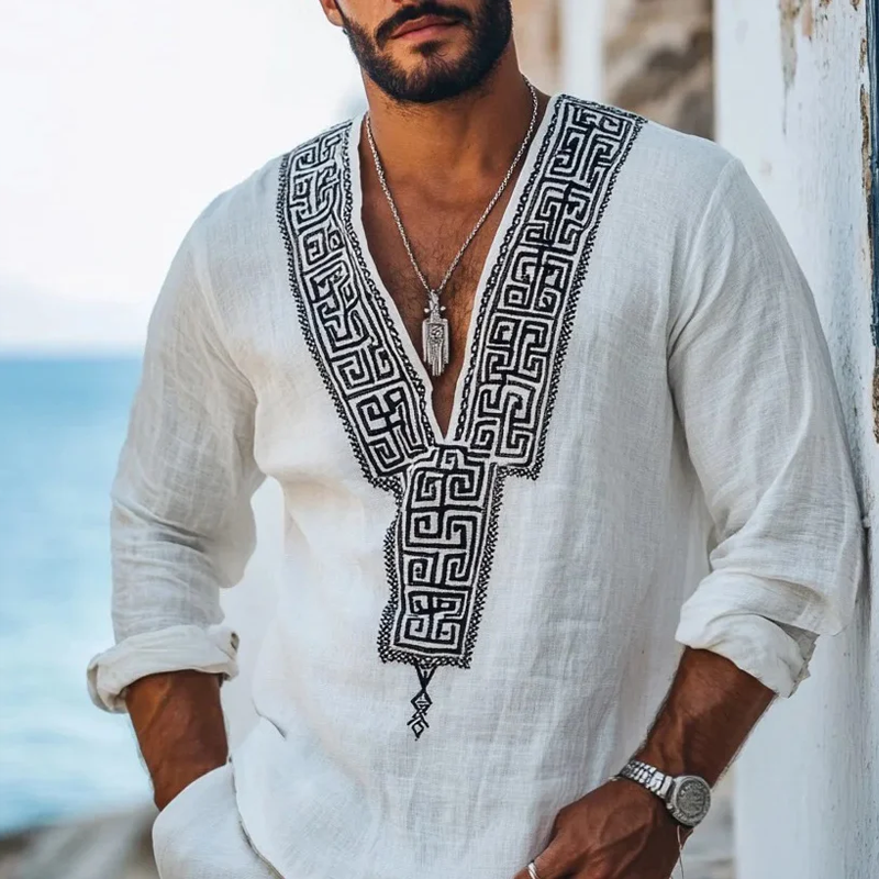 Men's Fashion Embroidery V Neck Long Sleeve Cotton And Linen Shirt 9899715100856