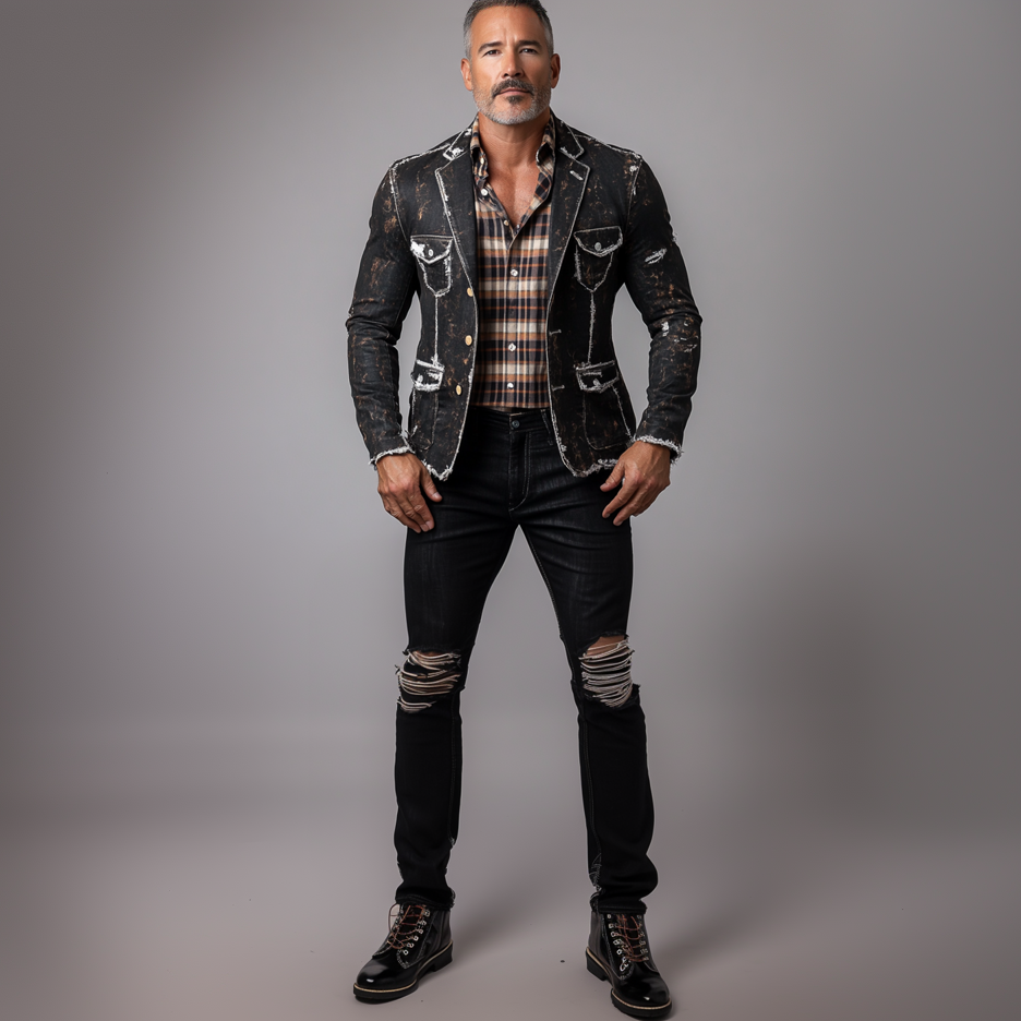 Men's Notch Lapel Single Breasted Distressed Denim Raw Edge Safari Jacket 9899608277176