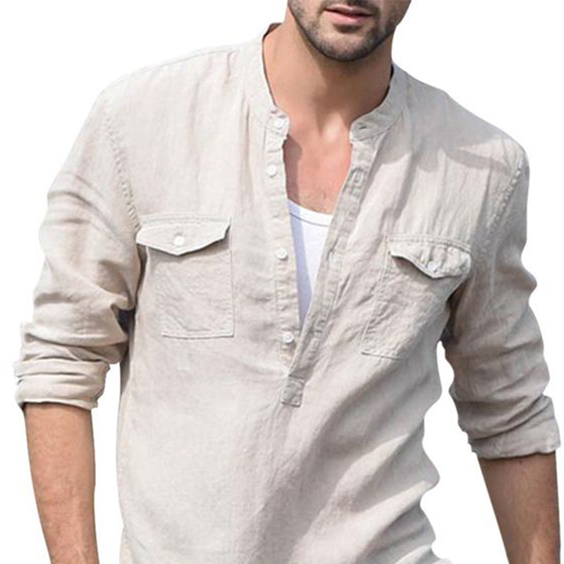 Men's Casual Cotton and Linen Button Collar Solid Color Long Sleeve T-Shirt 9892385882296