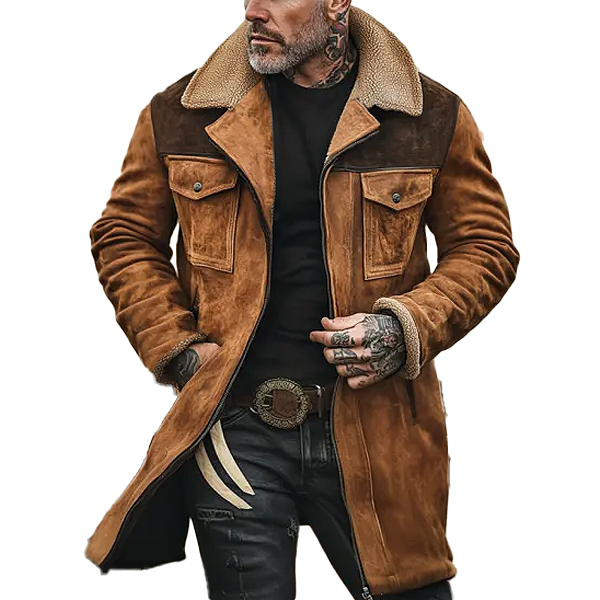 Men's Colorblock Suede and Polar Fleece Lapel Mid-Length Coat 9261100859576