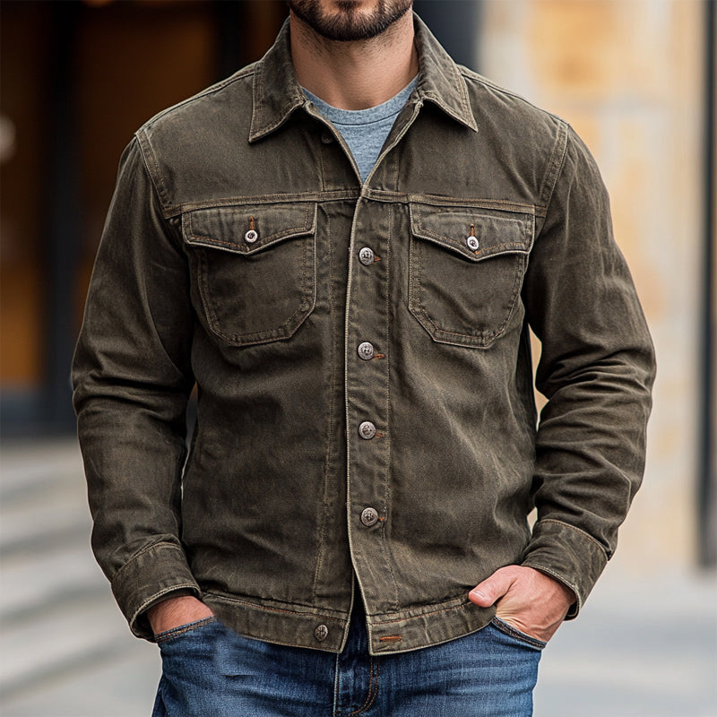Men's Vintage Button Lapel Washed Denim Jacket 9891528114360