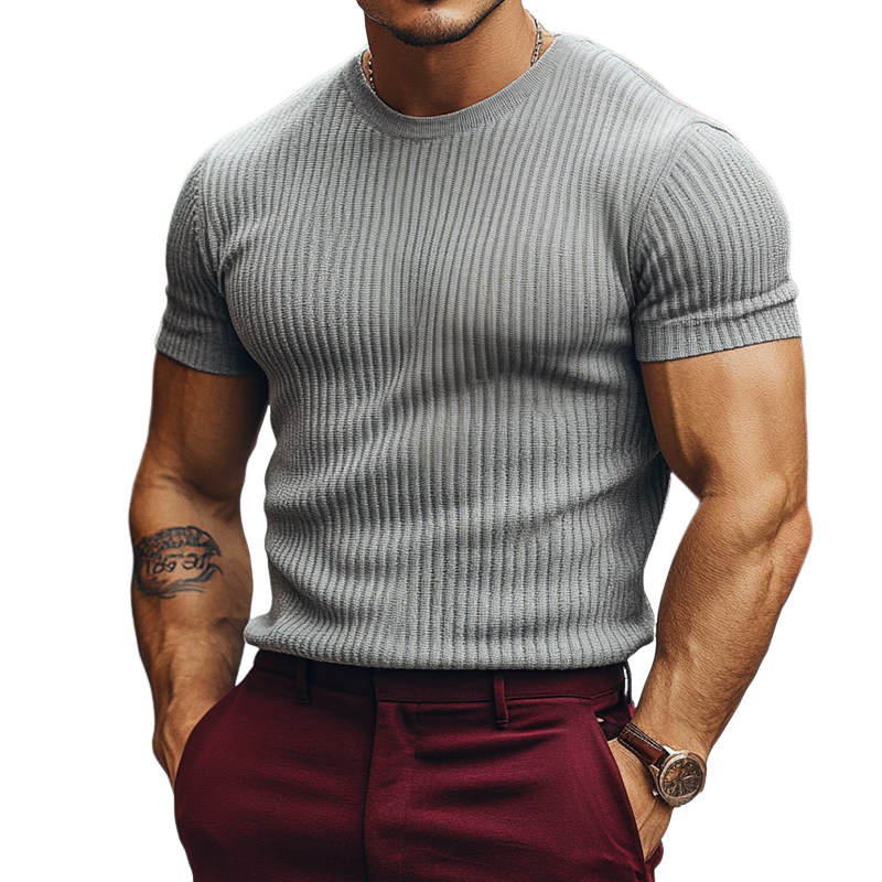 Men's Retro Casual Solid Color Striped Round Neck Short Sleeve T-Shirt 9903252799672
