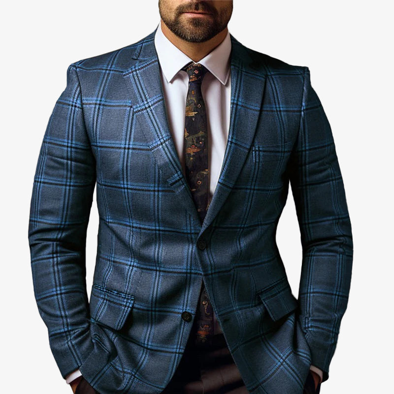 Men's Business Casual Plaid Lapel Collar Two Button Chest Pocket Blazer 9888555270328