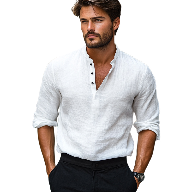 Men's Casual Solid Color Skin-friendly Cotton and Linen Long-sleeved T-shirt 9892385849528
