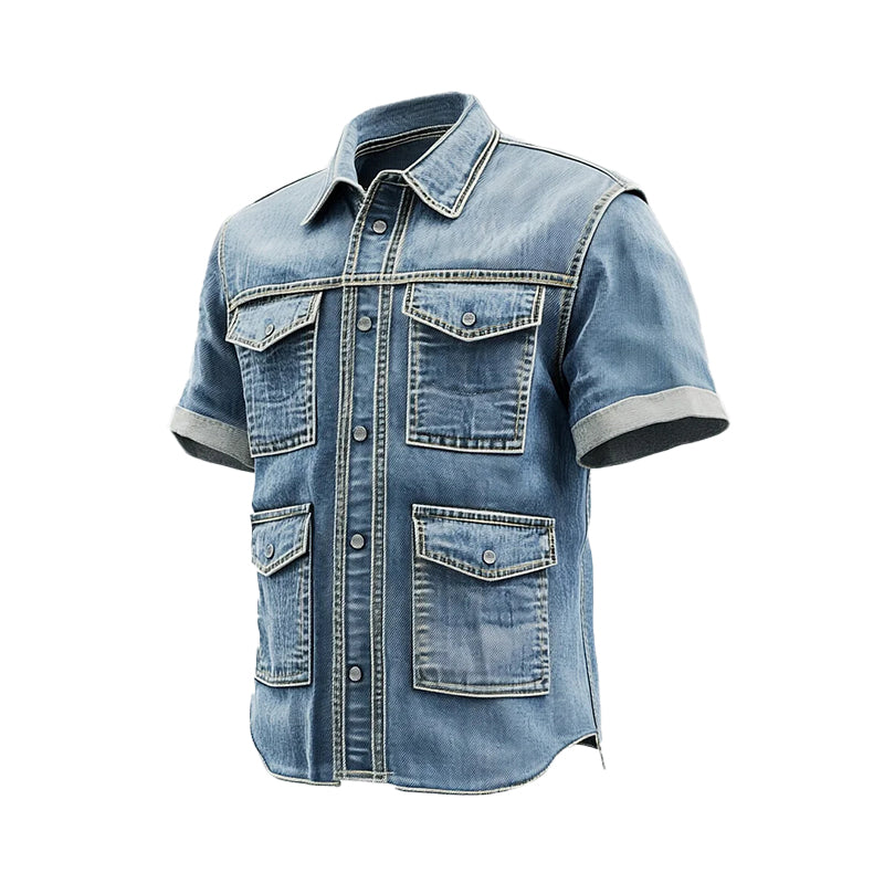 Men's Turndown Collar Button Pockets Short Sleeve Denim Safari Shirt 9913235275960