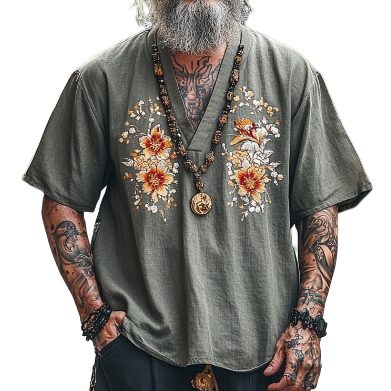 Men's Casual Vintage V-neck Cotton Blend Embroidered Short-sleeved T-shirt 9912946426040