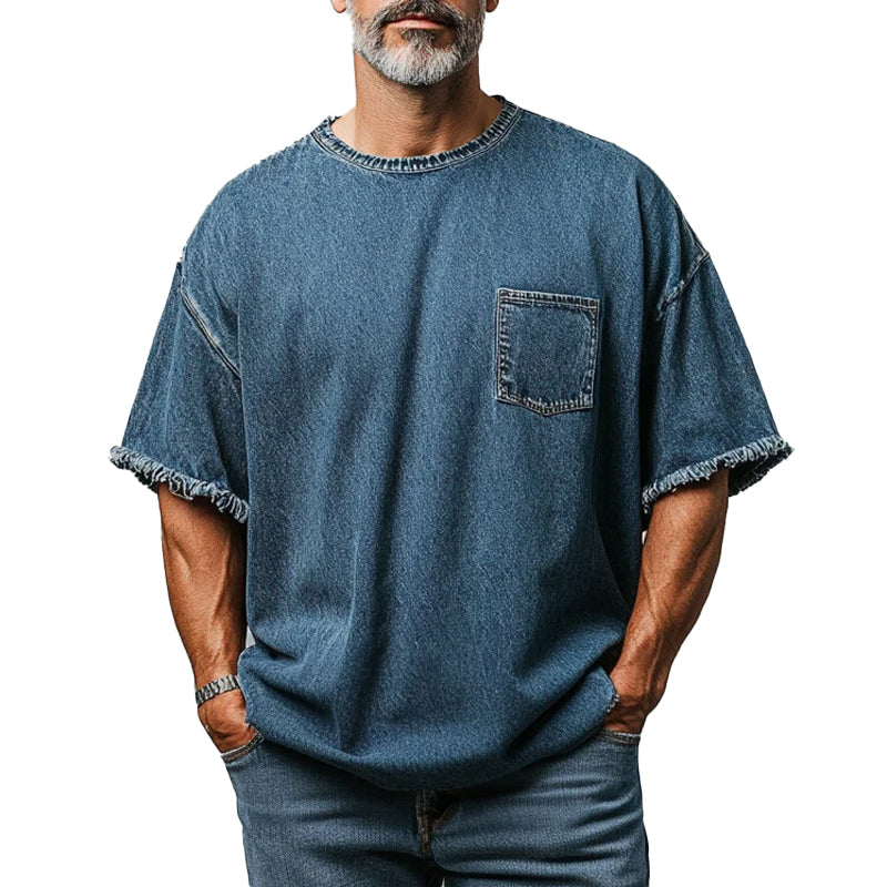 Men's Denim Raw Edge Chest Pocket Drop Shoulder Short Sleeve T-Shirt 9899607851192