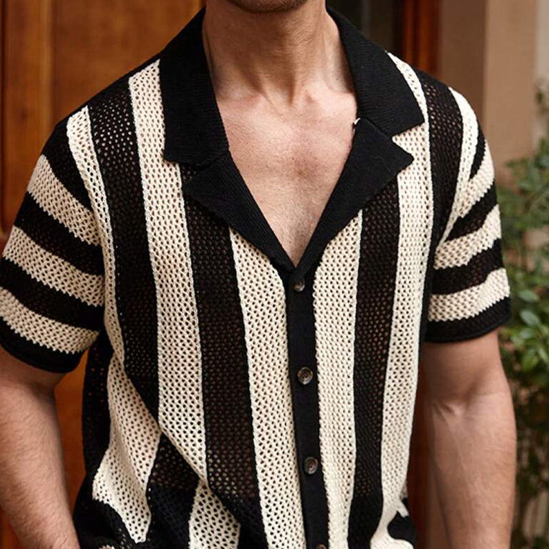 Men's Striped Knit Lapel Short Sleeve Shirt 9918989598904