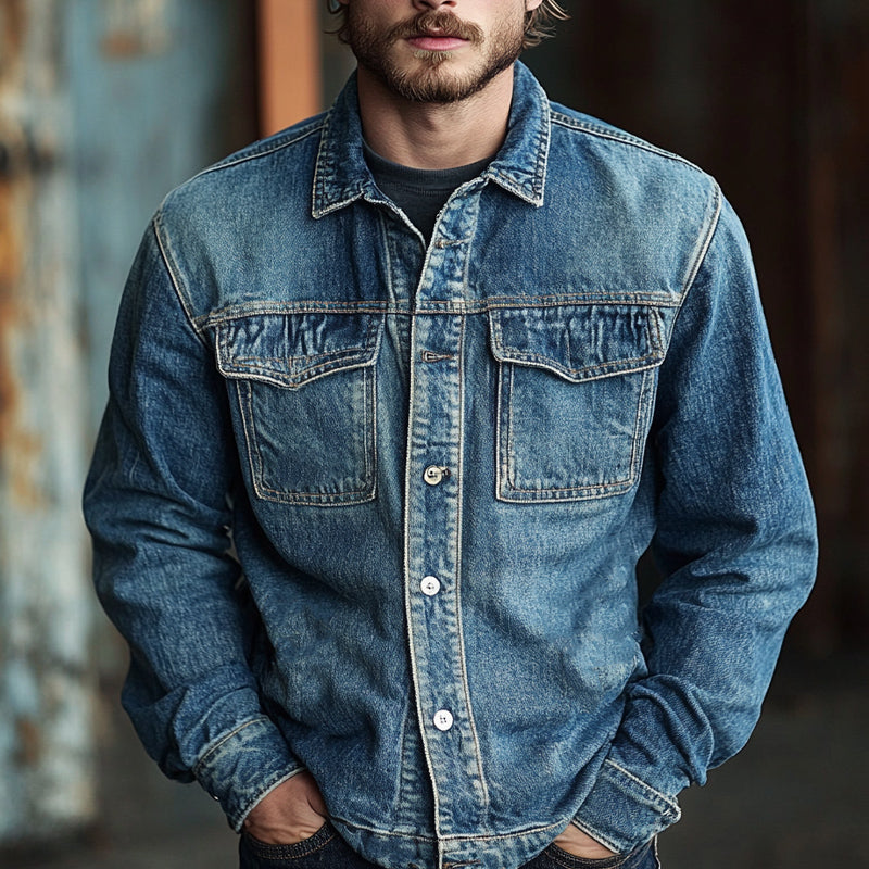 Men's Vintage Washed Blue Denim Jacket 9899737940152