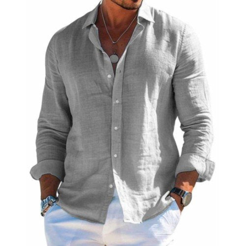 Men's Cotton and Linen Casual Solid Color Lapel Shirt 9261774962872