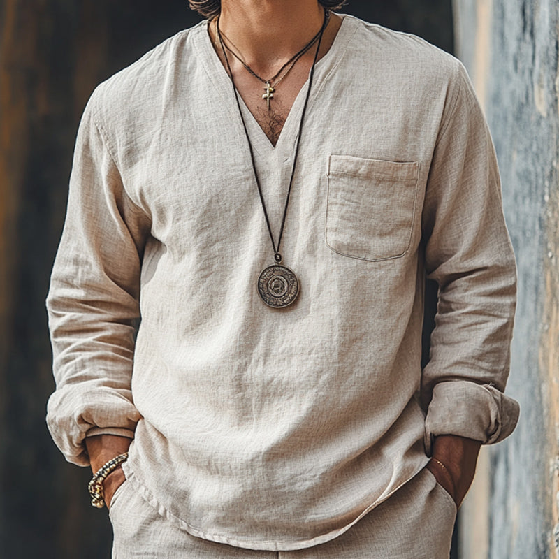 Men's Skin-friendly Casual Cotton and Linen V-neck Long-sleeved T-shirt 9892385751224