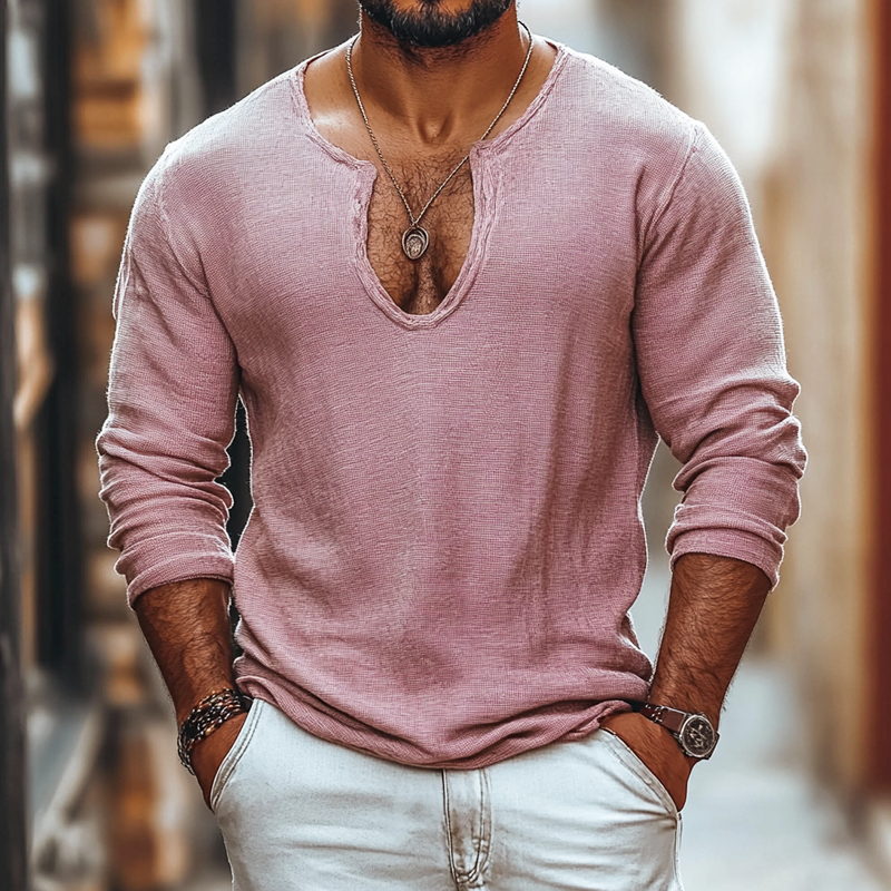 Men's Solid Color U Neck Long Sleeve Casual T-shirt 9903250374840