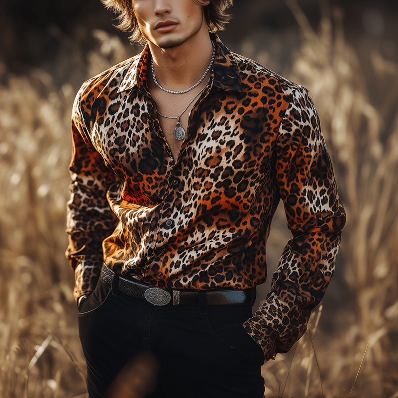 Men's Casual Vintage Leopard Print Long Sleeve Shirt 9905396613304