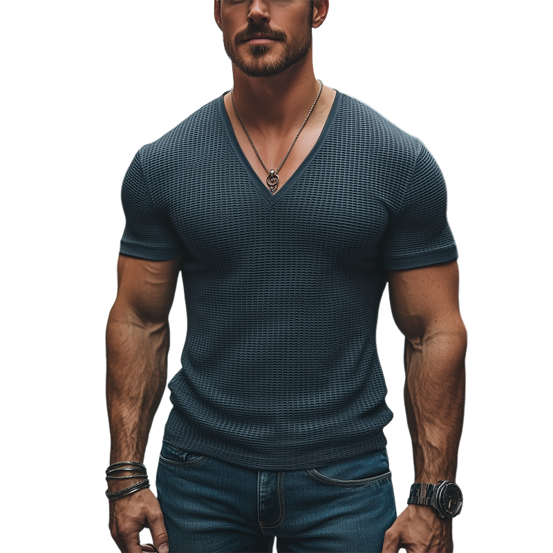 Men's Classic Casual Slim Fit Waffle Deep V Neck T-Shirt 9907264946360