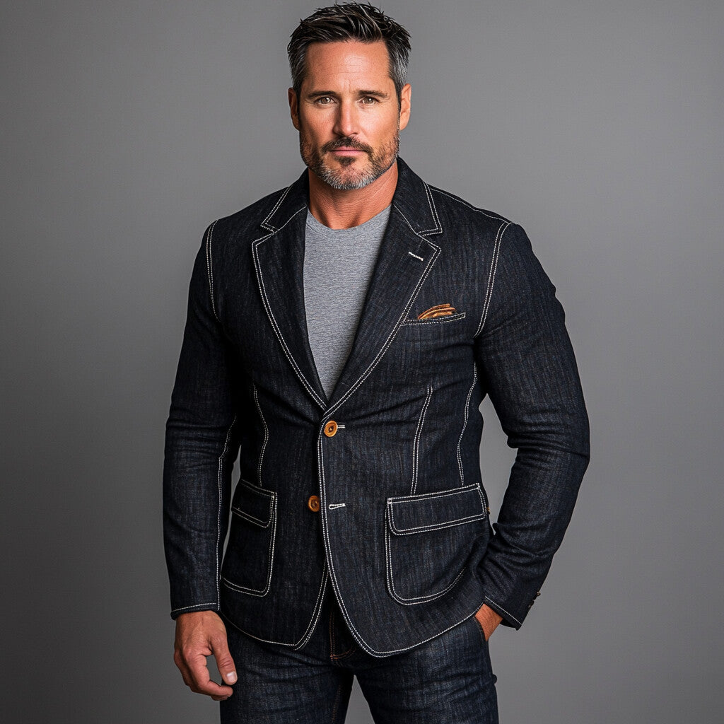 Men's Denim Notched Lapel Two Button Flap Pocket Top Stitch Blazer 9899608342712
