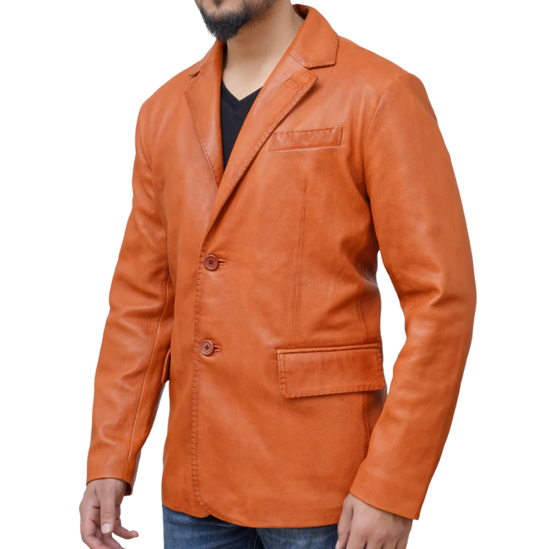 Men's Classic Vintage Lapel Two Button Leather Blazer 9893976146104