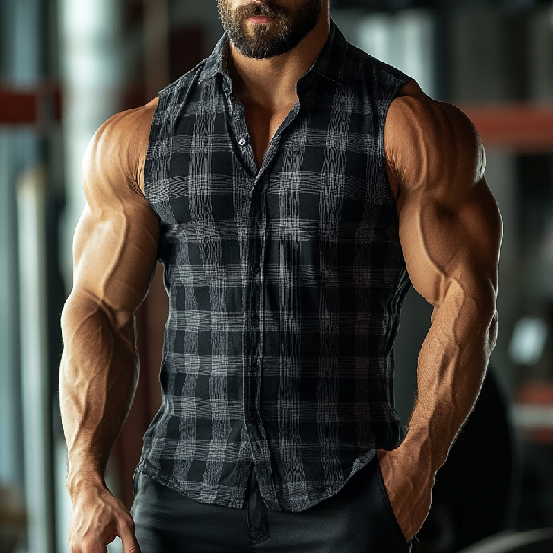 Men's Casual Cotton Plaid Lapel Slim Fit Sleeveless Shirt 9901320896696