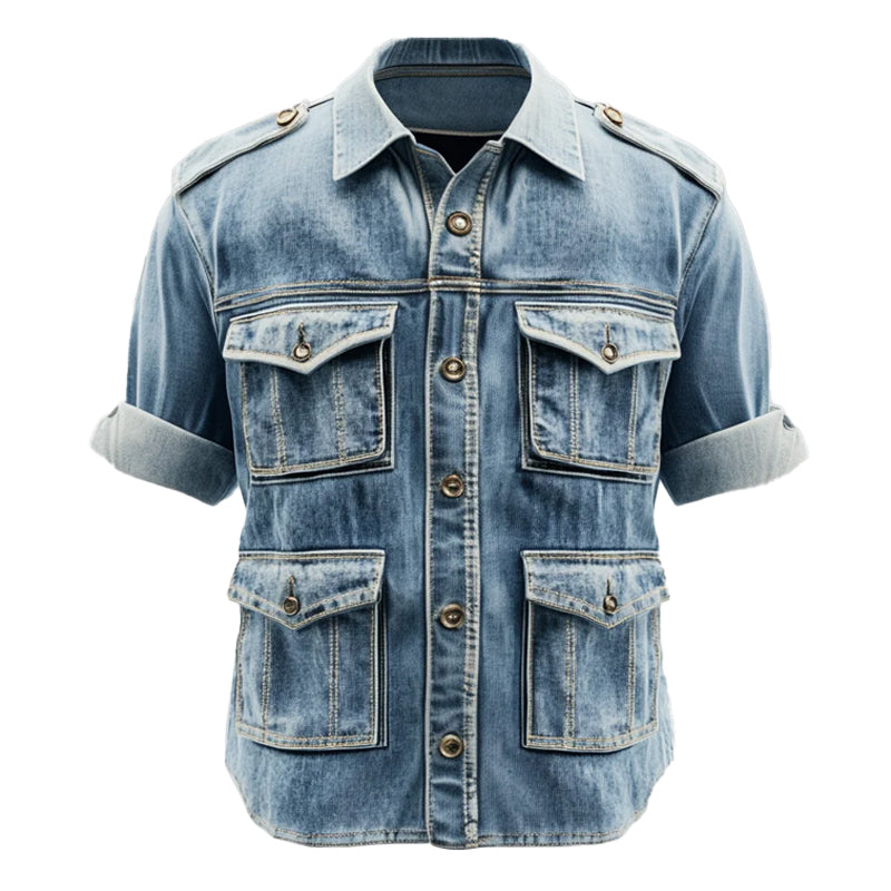 Men's Turndown Collar Long Sleeve Flap Pocket Denim Safari Shirt 9951401017528