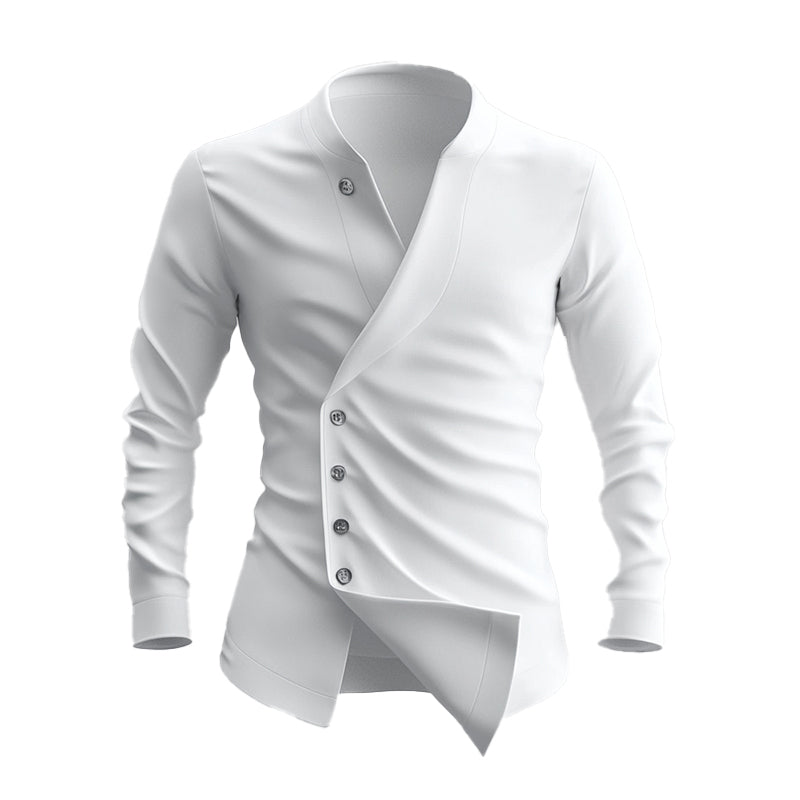 Men's Solid Lapel Collar Slant Button Long Sleeve Shirt 9913234784440
