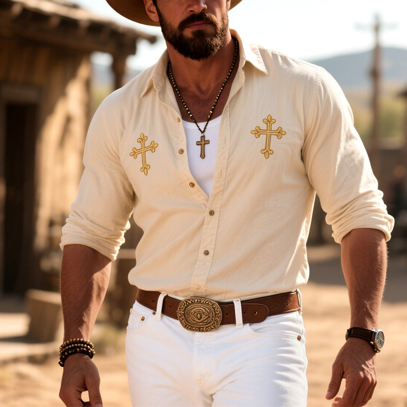 Men's Embroidered Cross Long Sleeve Single Breasted Shirt 250601035
