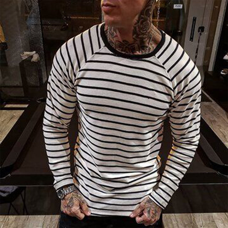 Men's Retro Casual Striped Round Neck Long Sleeve T-Shirt 9904628793528