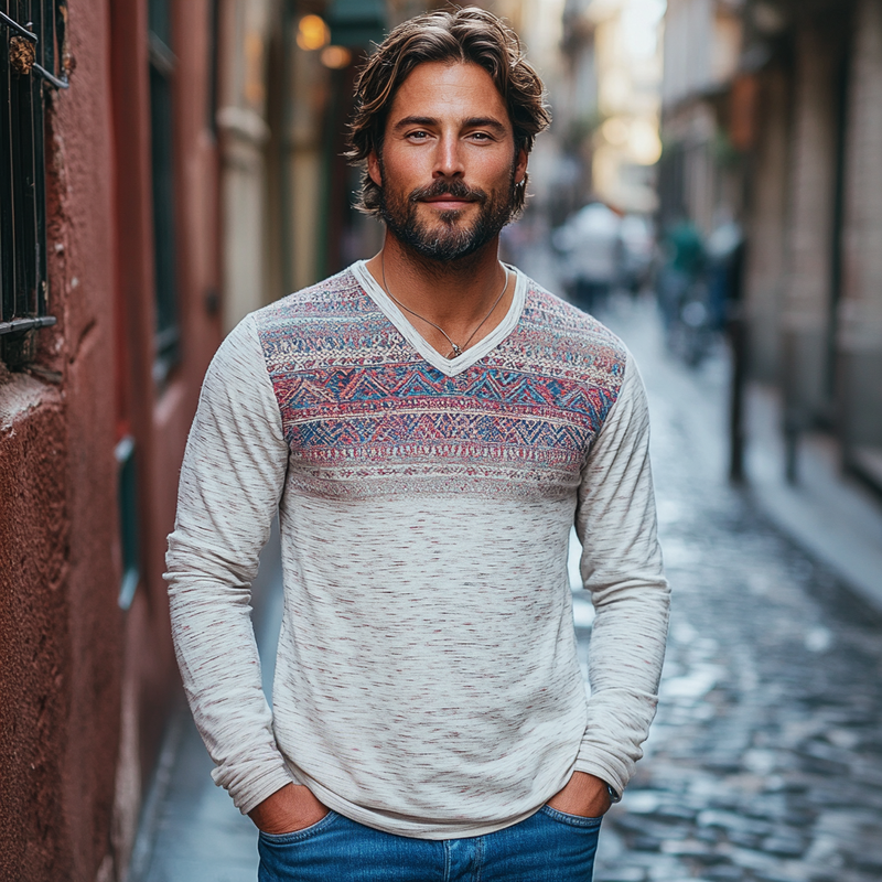 Men's Vintage Casual Cotton Blended Digital Printed V-Neck Long Sleeve T-Shirt 9911546871992