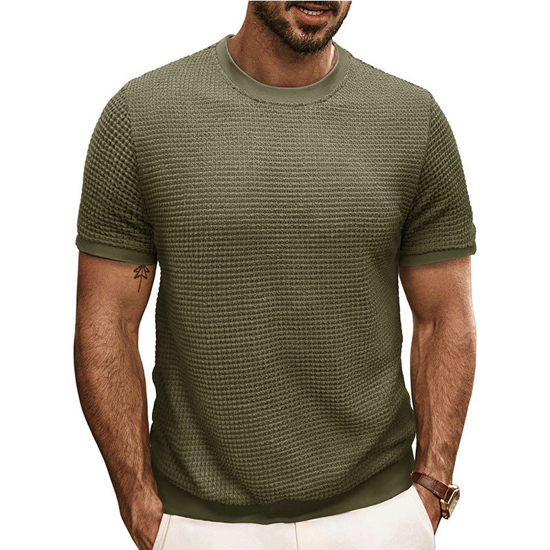 Men's Solid Color Waffle Round Neck Short Sleeve T-shirt 9903258206392