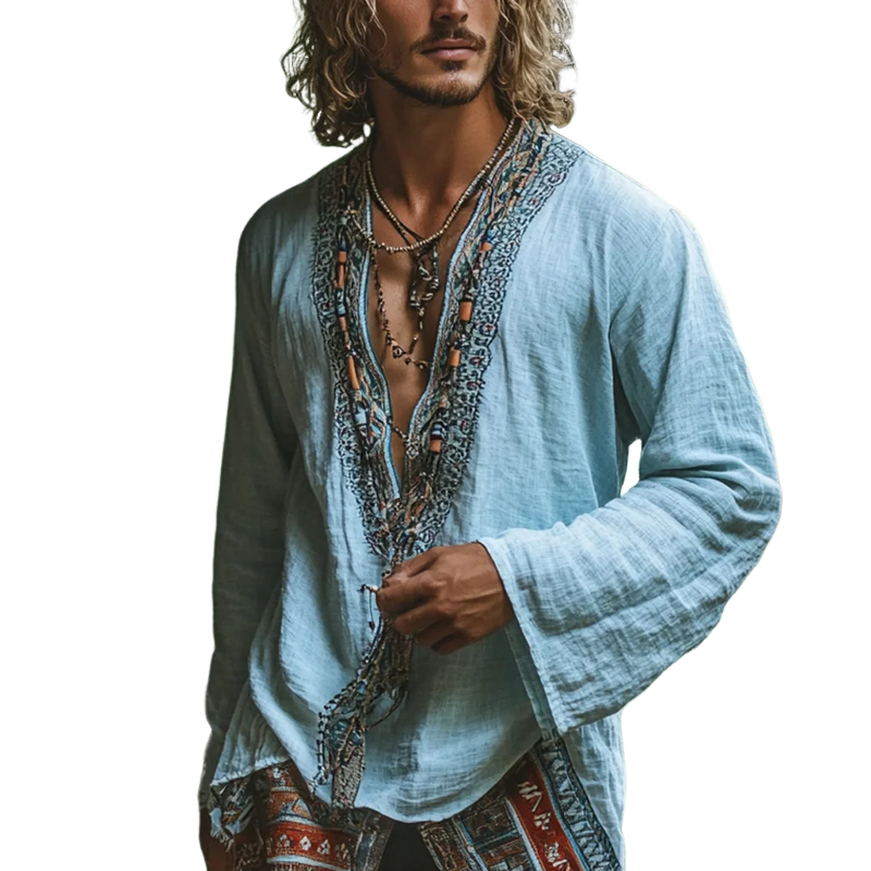 Men's Fashion Ethnic Style Embroidery V Neck Long Sleeve Cotton And Linen Shirt 9899736727736