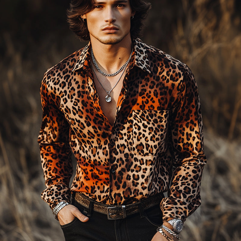 Men's Casual Vintage Leopard Print Long Sleeve Shirt 9905396482232