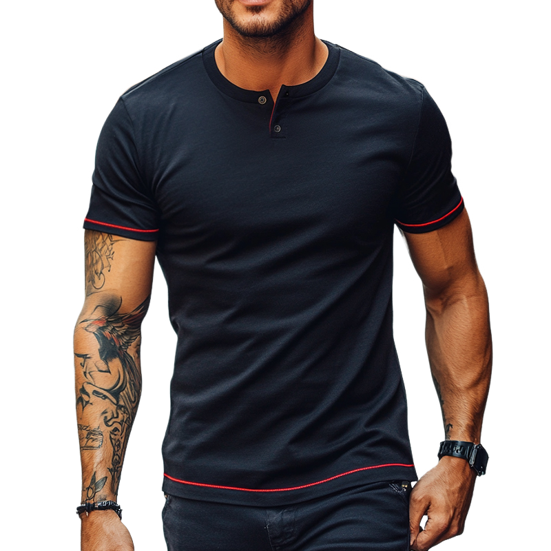 Men's Retro Casual Simple Street Henley Collar Short Sleeve T-Shirt 9903251325112