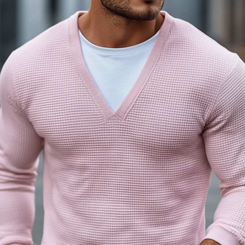 Men's Casual Round Neck Slim Fit Fake Two-piece Waffle Long-sleeved T-shirt 9906106826936