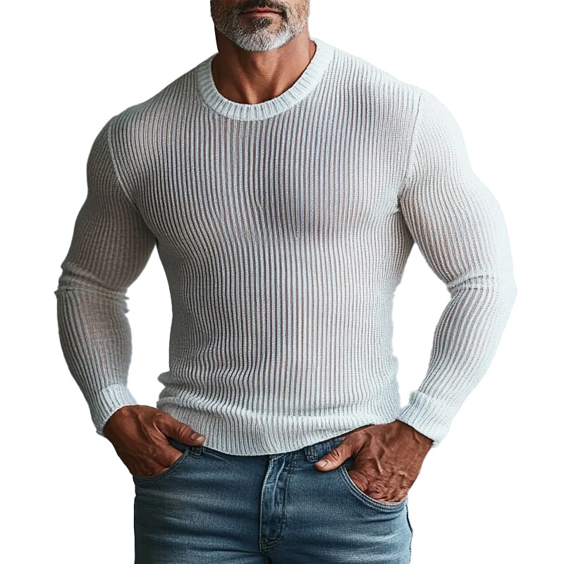 Men's Crew Neck See-Through Long Sleeve Ribbed Knit Top 9899608113336