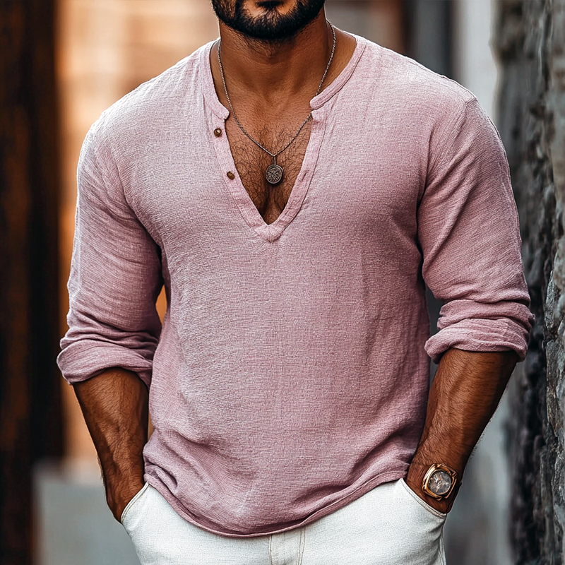Men's Solid Color Henley Collar Long Sleeve Casual T-shirt 9903259943096