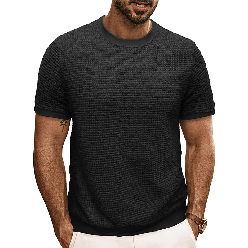 Men's Solid Color Waffle Round Neck Short Sleeve T-shirt 9903258206392