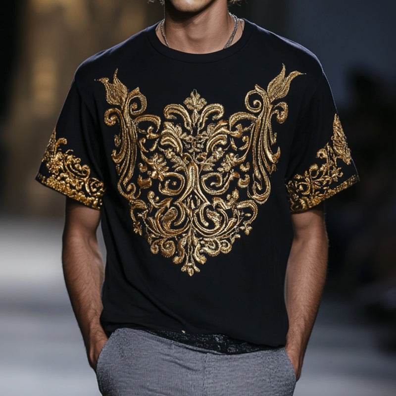Men's Retro Casual Baroque Embroidery Round Neck Short Sleeve T-Shirt 9904628924600