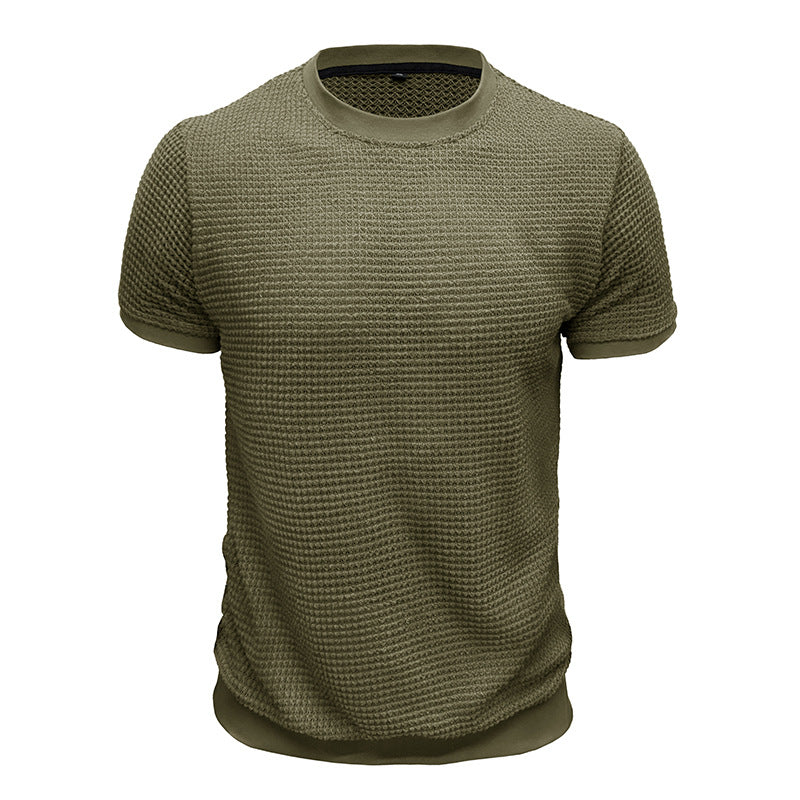 Men's Solid Color Waffle Round Neck Short Sleeve T-shirt 9903258206392