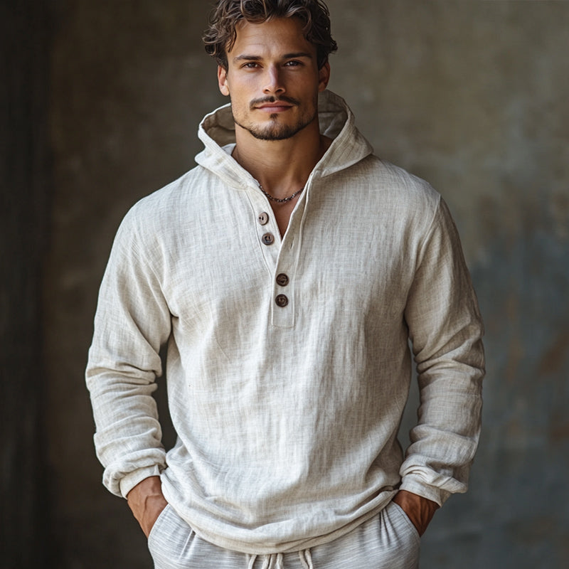 Men's Skin-friendly Off-White Cotton and Linen Long-sleeved Hoodie 9892048961720