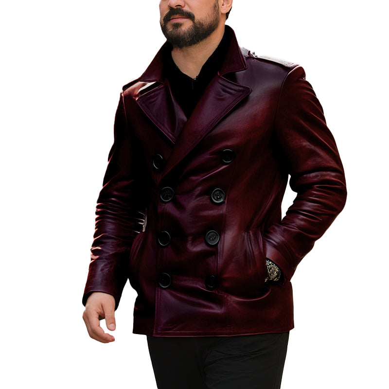 Men's Vintage Notch Lapel Double Breasted Slim Fit Leather Coat 9261100957880