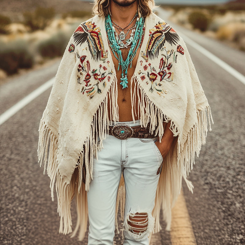 Men's Vintage Casual Linen Eagle Feather Embroidered Cape 9905398055096
