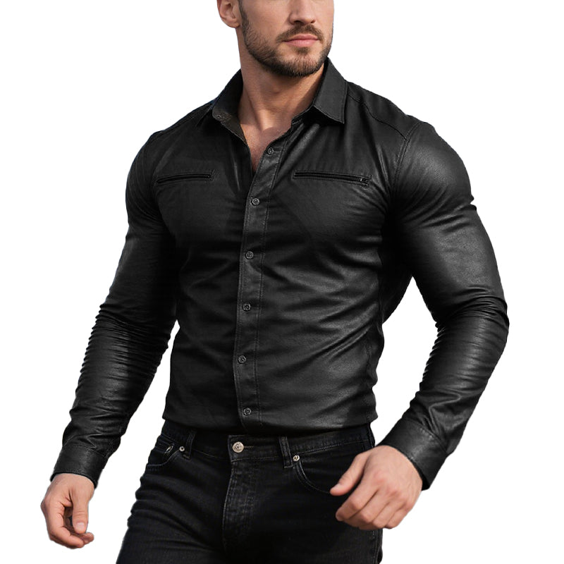 Mens Fashion Single Breasted Slim Fit Long Sleeve Leather Shirt 9880240292024