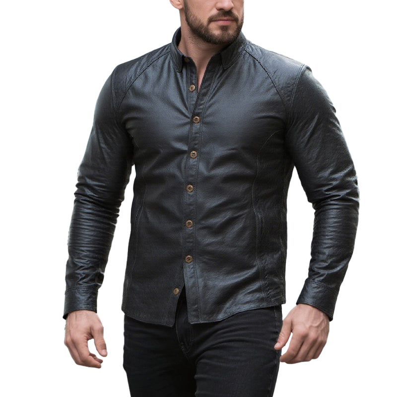 Men's Vintage Black Long Sleeve Leather Shirt 9887383552184
